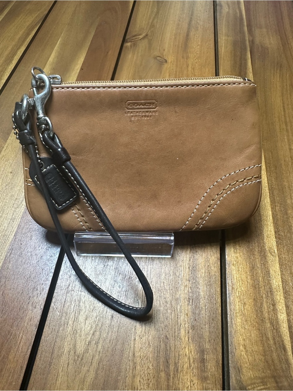 Coach Brown Leather Wristlet with Black Strap